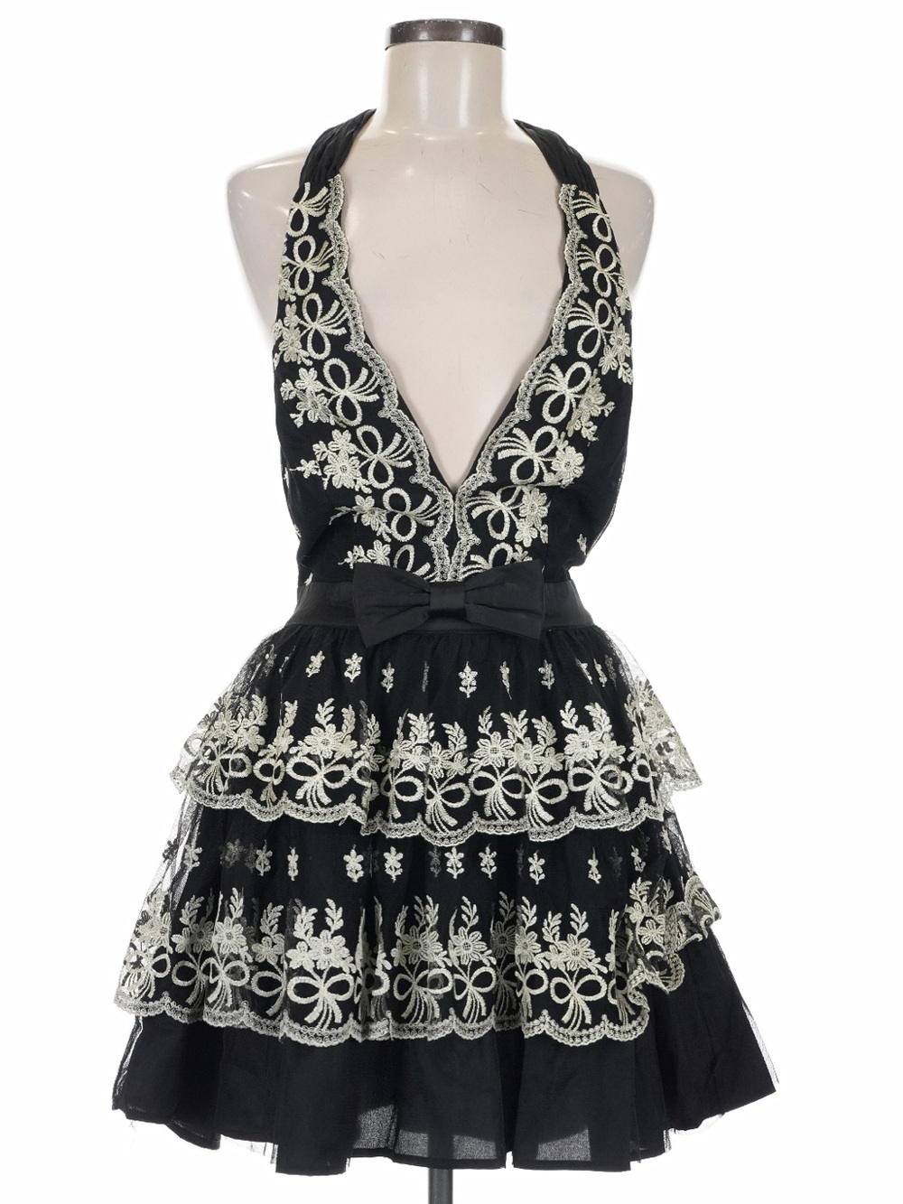MABLE Black Ivory Embroidered Lace Halter Tiered Ruffle Mini Dress Backless Med.
